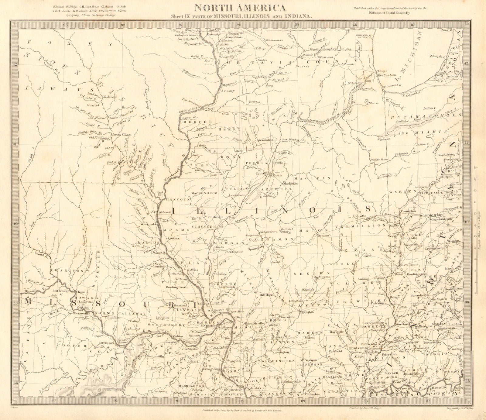 USA. Missouri Illinois Indiana. Indian tribes villages borders. SDUK 1848 map